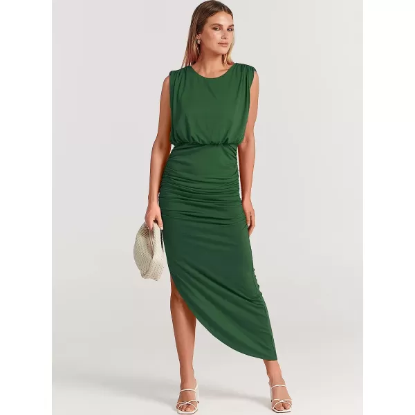 imageANRABESS Women 2023 Summer Sleeveless Ruch Bodycon High Waist Asymmetric Slit Cocktail Maxi DressGreen