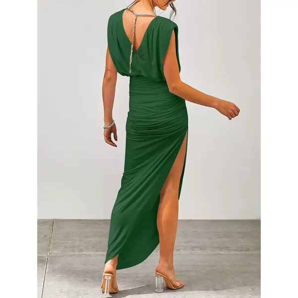 imageANRABESS Women 2023 Summer Sleeveless Ruch Bodycon High Waist Asymmetric Slit Cocktail Maxi DressGreen