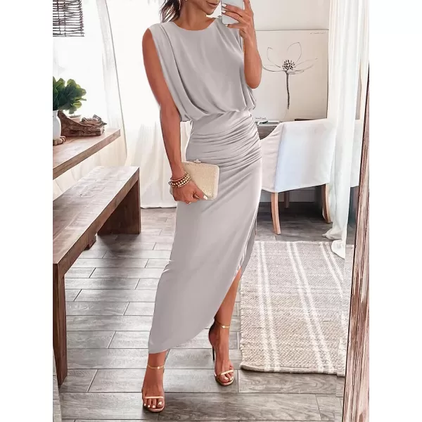 imageANRABESS Women 2023 Summer Sleeveless Ruch Bodycon High Waist Asymmetric Slit Cocktail Maxi DressGrey