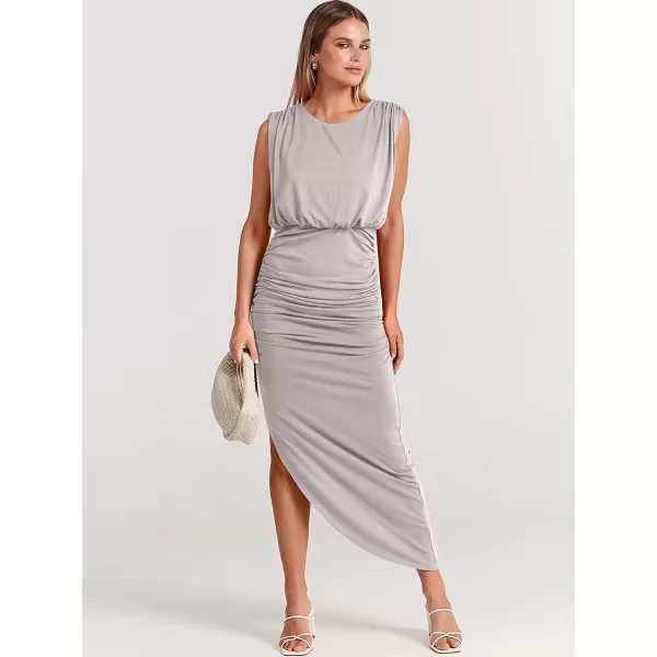 imageANRABESS Women 2023 Summer Sleeveless Ruch Bodycon High Waist Asymmetric Slit Cocktail Maxi DressGrey