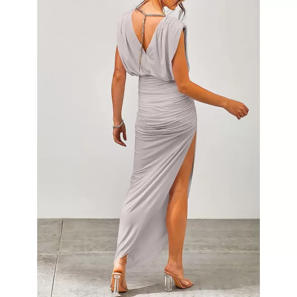 imageANRABESS Women 2023 Summer Sleeveless Ruch Bodycon High Waist Asymmetric Slit Cocktail Maxi DressGrey