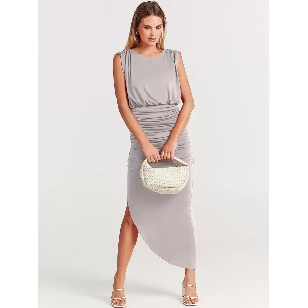 imageANRABESS Women 2023 Summer Sleeveless Ruch Bodycon High Waist Asymmetric Slit Cocktail Maxi DressGrey