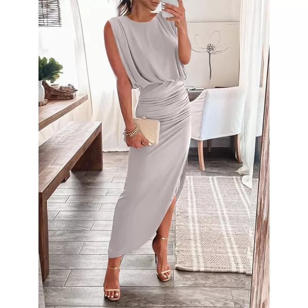 imageANRABESS Women 2023 Summer Sleeveless Ruch Bodycon High Waist Asymmetric Slit Cocktail Maxi DressGrey