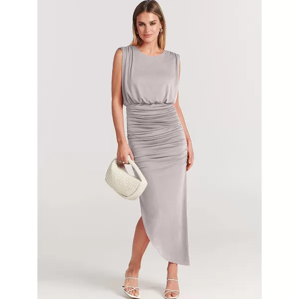 imageANRABESS Women 2023 Summer Sleeveless Ruch Bodycon High Waist Asymmetric Slit Cocktail Maxi DressGrey