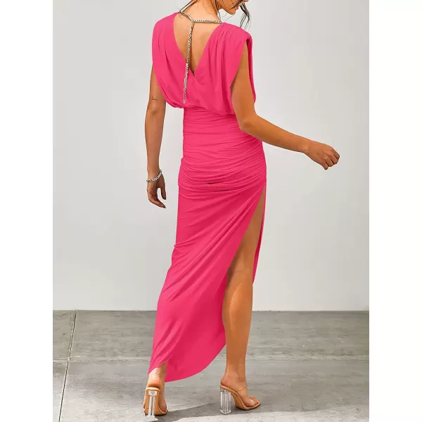 imageANRABESS Women 2023 Summer Sleeveless Ruch Bodycon High Waist Asymmetric Slit Cocktail Maxi DressHot Pink