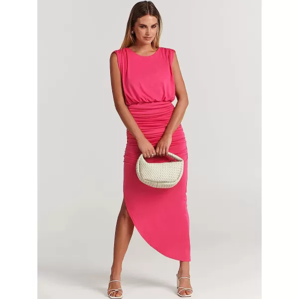 imageANRABESS Women 2023 Summer Sleeveless Ruch Bodycon High Waist Asymmetric Slit Cocktail Maxi DressHot Pink