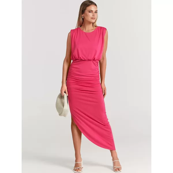 imageANRABESS Women 2023 Summer Sleeveless Ruch Bodycon High Waist Asymmetric Slit Cocktail Maxi DressHot Pink