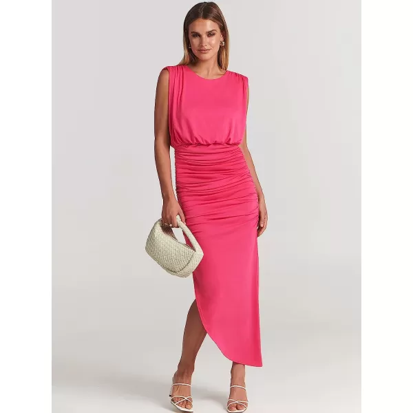 imageANRABESS Women 2023 Summer Sleeveless Ruch Bodycon High Waist Asymmetric Slit Cocktail Maxi DressHot Pink