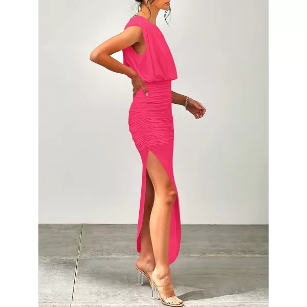 imageANRABESS Women 2023 Summer Sleeveless Ruch Bodycon High Waist Asymmetric Slit Cocktail Maxi DressHot Pink