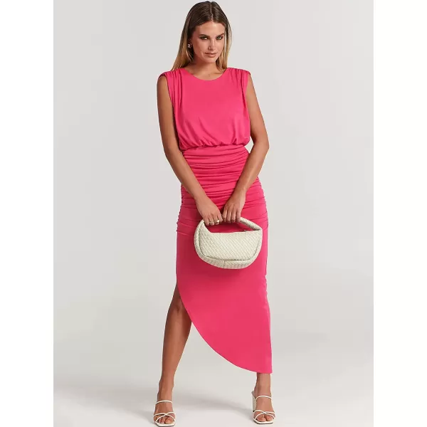 imageANRABESS Women 2023 Summer Sleeveless Ruch Bodycon High Waist Asymmetric Slit Cocktail Maxi DressHot Pink