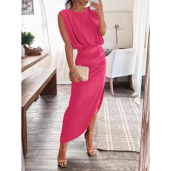 imageANRABESS Women 2023 Summer Sleeveless Ruch Bodycon High Waist Asymmetric Slit Cocktail Maxi DressHot Pink