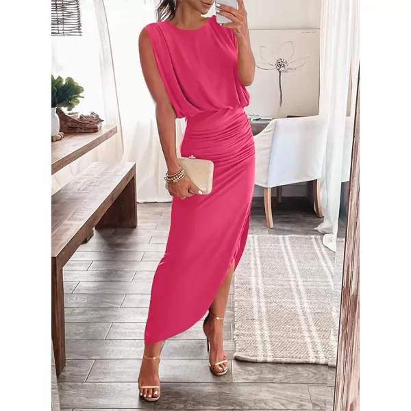 imageANRABESS Women 2023 Summer Sleeveless Ruch Bodycon High Waist Asymmetric Slit Cocktail Maxi DressHot Pink