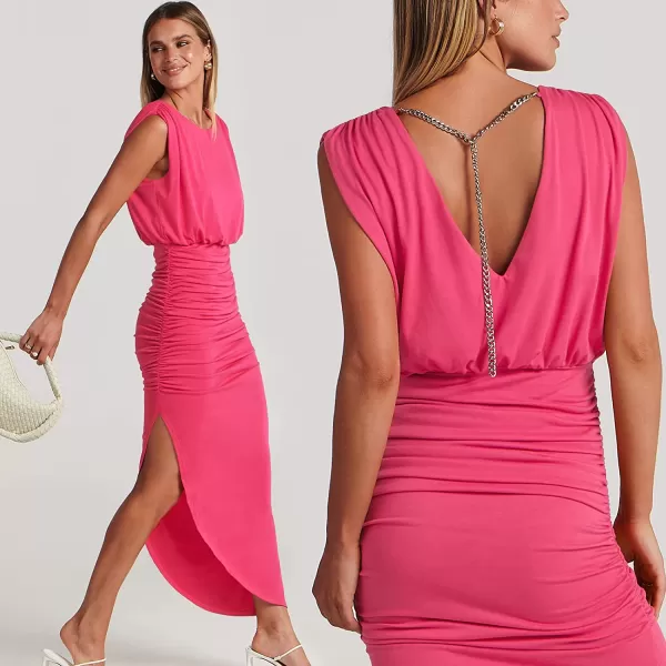 imageANRABESS Women 2023 Summer Sleeveless Ruch Bodycon High Waist Asymmetric Slit Cocktail Maxi DressHot Pink