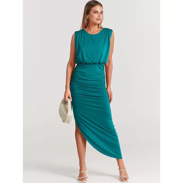 imageANRABESS Women 2023 Summer Sleeveless Ruch Bodycon High Waist Asymmetric Slit Cocktail Maxi DressLake