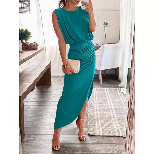 imageANRABESS Women 2023 Summer Sleeveless Ruch Bodycon High Waist Asymmetric Slit Cocktail Maxi DressLake