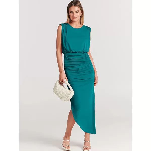 imageANRABESS Women 2023 Summer Sleeveless Ruch Bodycon High Waist Asymmetric Slit Cocktail Maxi DressLake