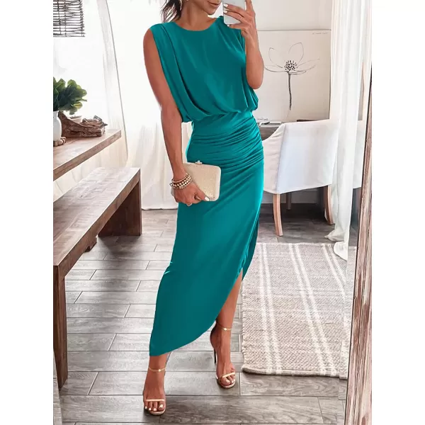 imageANRABESS Women 2023 Summer Sleeveless Ruch Bodycon High Waist Asymmetric Slit Cocktail Maxi DressLake