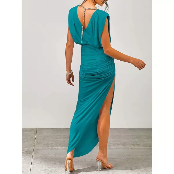 imageANRABESS Women 2023 Summer Sleeveless Ruch Bodycon High Waist Asymmetric Slit Cocktail Maxi DressLake