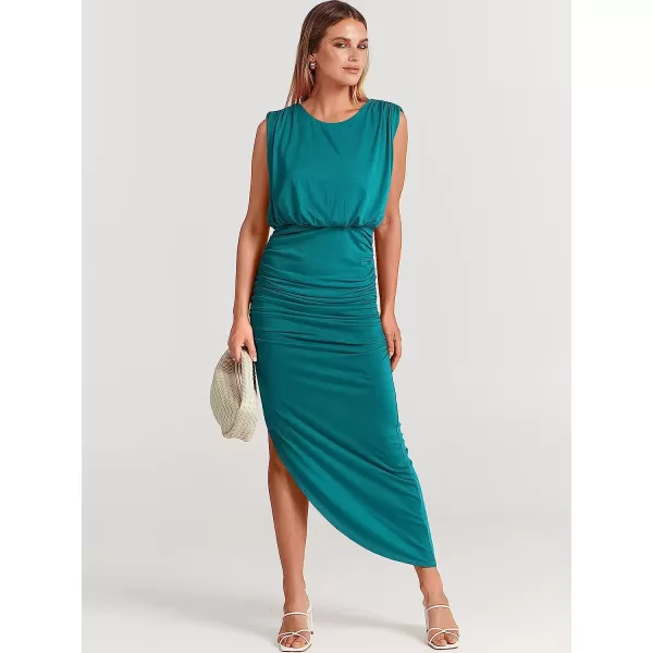 imageANRABESS Women 2023 Summer Sleeveless Ruch Bodycon High Waist Asymmetric Slit Cocktail Maxi DressLake