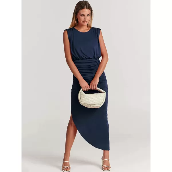 imageANRABESS Women 2023 Summer Sleeveless Ruch Bodycon High Waist Asymmetric Slit Cocktail Maxi DressNavy Blue