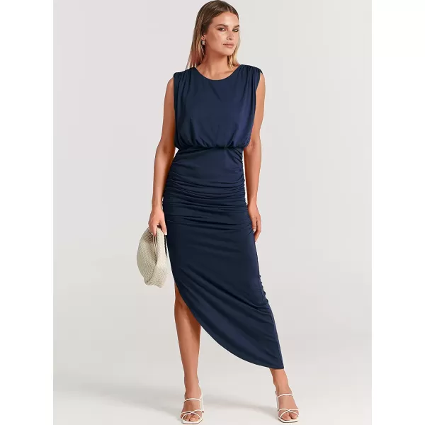 imageANRABESS Women 2023 Summer Sleeveless Ruch Bodycon High Waist Asymmetric Slit Cocktail Maxi DressNavy Blue