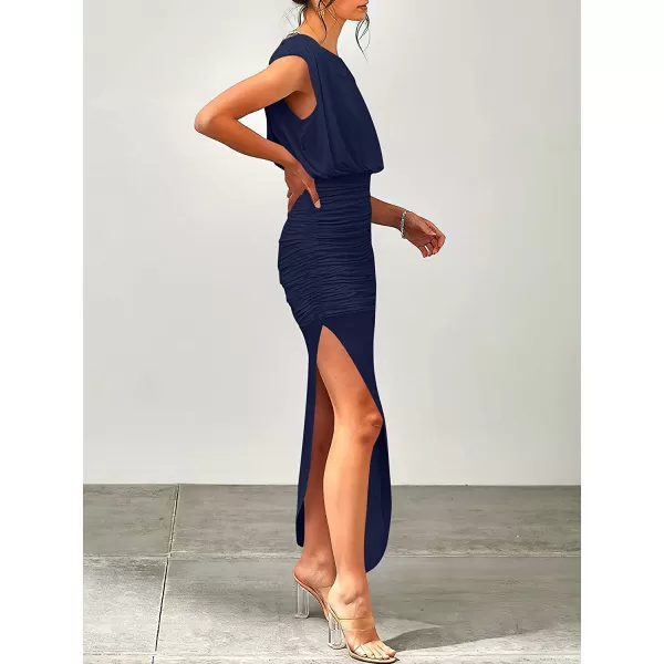 imageANRABESS Women 2023 Summer Sleeveless Ruch Bodycon High Waist Asymmetric Slit Cocktail Maxi DressNavy Blue