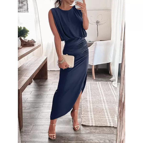 imageANRABESS Women 2023 Summer Sleeveless Ruch Bodycon High Waist Asymmetric Slit Cocktail Maxi DressNavy Blue