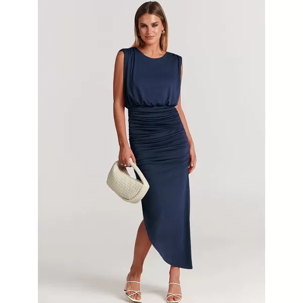 imageANRABESS Women 2023 Summer Sleeveless Ruch Bodycon High Waist Asymmetric Slit Cocktail Maxi DressNavy Blue