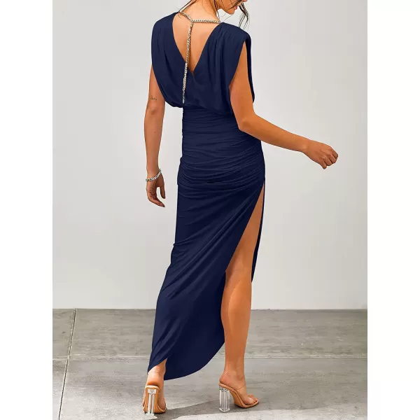 imageANRABESS Women 2023 Summer Sleeveless Ruch Bodycon High Waist Asymmetric Slit Cocktail Maxi DressNavy Blue