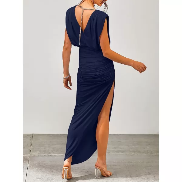 imageANRABESS Women 2023 Summer Sleeveless Ruch Bodycon High Waist Asymmetric Slit Cocktail Maxi DressNavy Blue