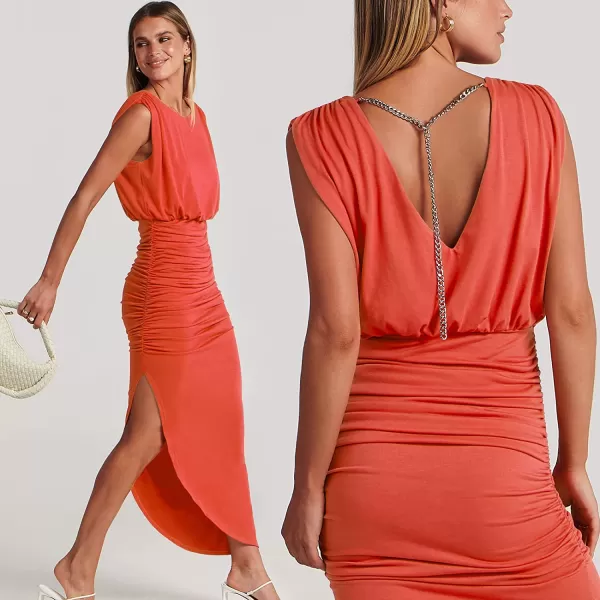 imageANRABESS Women 2023 Summer Sleeveless Ruch Bodycon High Waist Asymmetric Slit Cocktail Maxi DressOrange