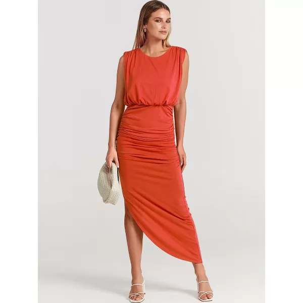 imageANRABESS Women 2023 Summer Sleeveless Ruch Bodycon High Waist Asymmetric Slit Cocktail Maxi DressOrange