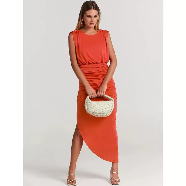 imageANRABESS Women 2023 Summer Sleeveless Ruch Bodycon High Waist Asymmetric Slit Cocktail Maxi DressOrange