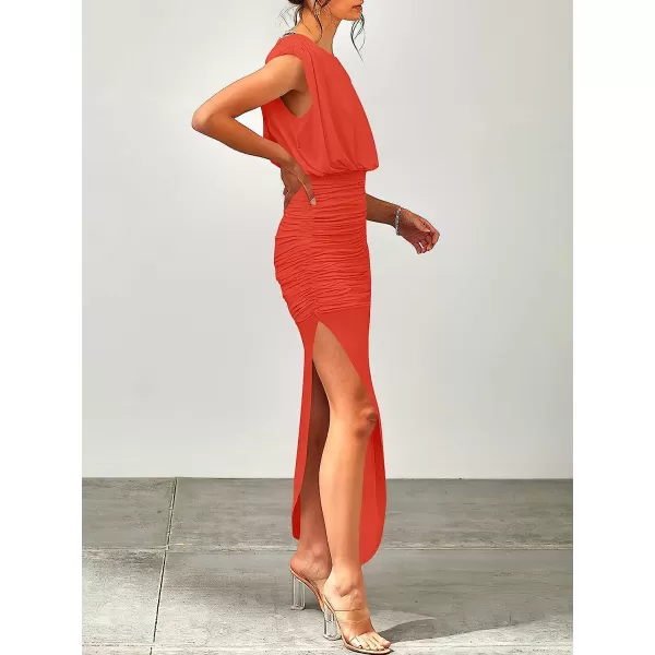 imageANRABESS Women 2023 Summer Sleeveless Ruch Bodycon High Waist Asymmetric Slit Cocktail Maxi DressOrange