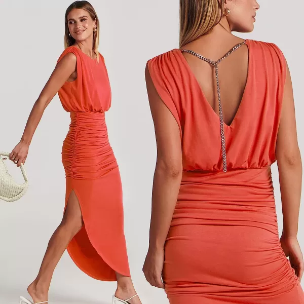 imageANRABESS Women 2023 Summer Sleeveless Ruch Bodycon High Waist Asymmetric Slit Cocktail Maxi DressOrange