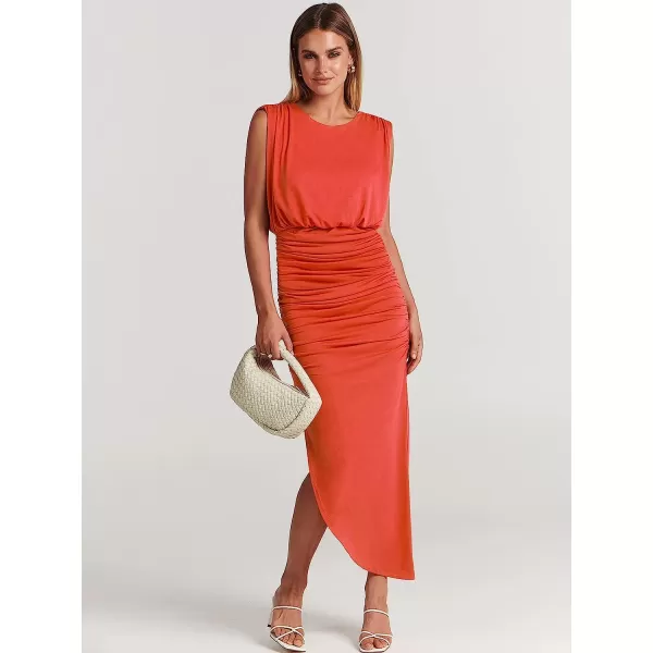 imageANRABESS Women 2023 Summer Sleeveless Ruch Bodycon High Waist Asymmetric Slit Cocktail Maxi DressOrange