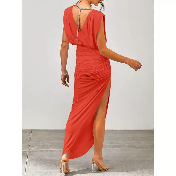 imageANRABESS Women 2023 Summer Sleeveless Ruch Bodycon High Waist Asymmetric Slit Cocktail Maxi DressOrange