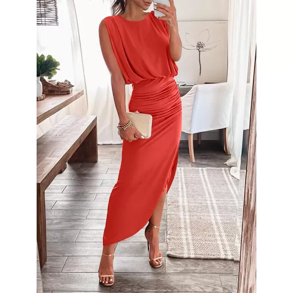 imageANRABESS Women 2023 Summer Sleeveless Ruch Bodycon High Waist Asymmetric Slit Cocktail Maxi DressOrange