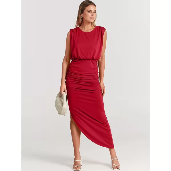 imageANRABESS Women 2023 Summer Sleeveless Ruch Bodycon High Waist Asymmetric Slit Cocktail Maxi DressRed