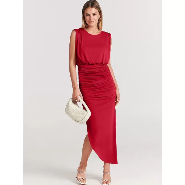imageANRABESS Women 2023 Summer Sleeveless Ruch Bodycon High Waist Asymmetric Slit Cocktail Maxi DressRed