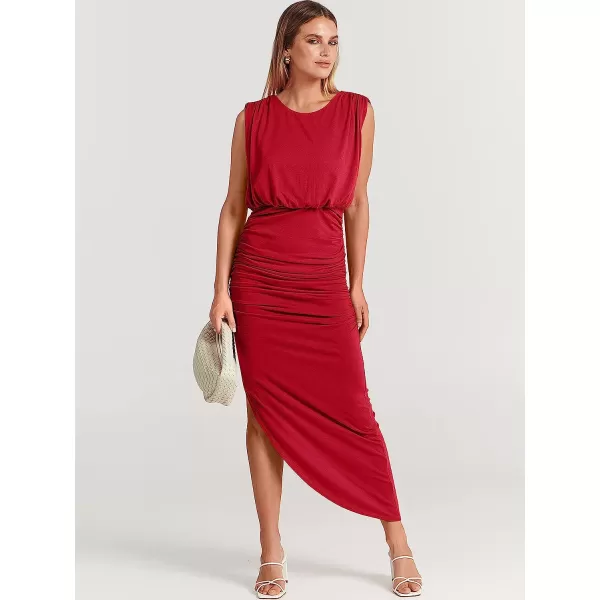 imageANRABESS Women 2023 Summer Sleeveless Ruch Bodycon High Waist Asymmetric Slit Cocktail Maxi DressRed