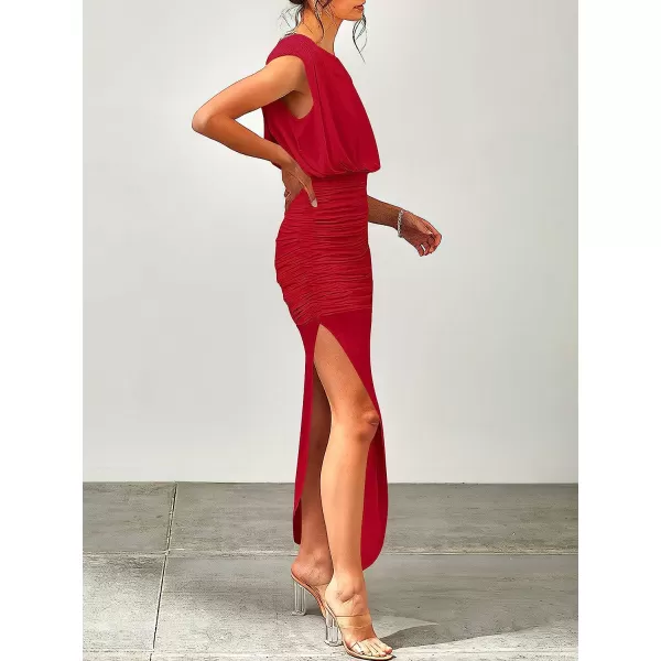 imageANRABESS Women 2023 Summer Sleeveless Ruch Bodycon High Waist Asymmetric Slit Cocktail Maxi DressRed