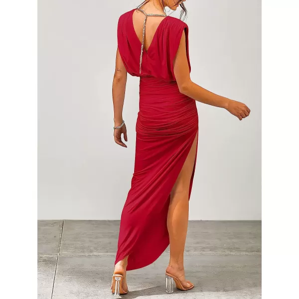 imageANRABESS Women 2023 Summer Sleeveless Ruch Bodycon High Waist Asymmetric Slit Cocktail Maxi DressRed