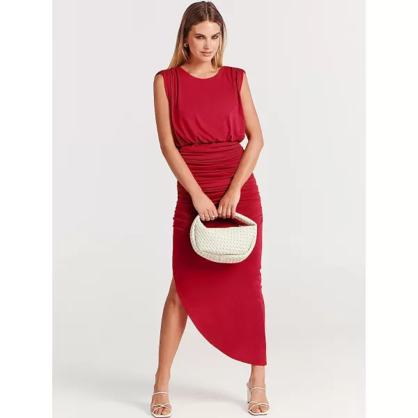 imageANRABESS Women 2023 Summer Sleeveless Ruch Bodycon High Waist Asymmetric Slit Cocktail Maxi DressRed