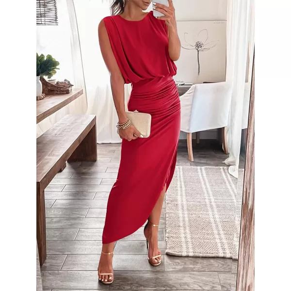imageANRABESS Women 2023 Summer Sleeveless Ruch Bodycon High Waist Asymmetric Slit Cocktail Maxi DressRed