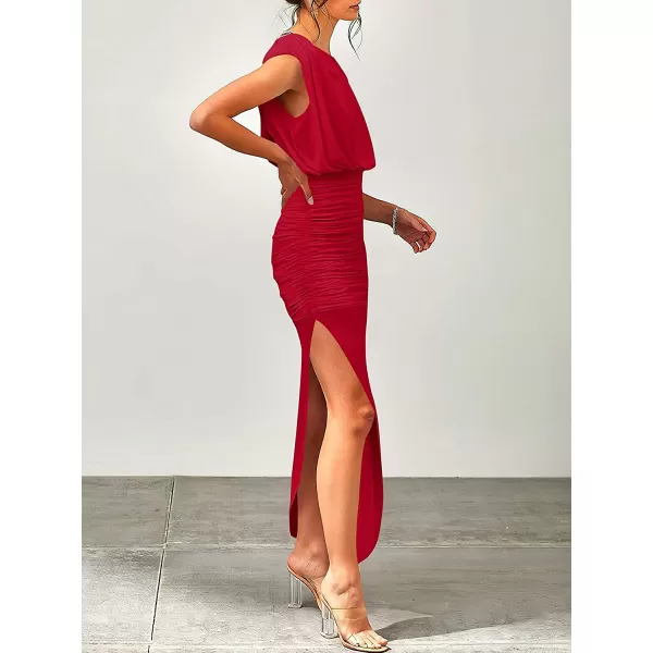 imageANRABESS Women 2023 Summer Sleeveless Ruch Bodycon High Waist Asymmetric Slit Cocktail Maxi DressRed