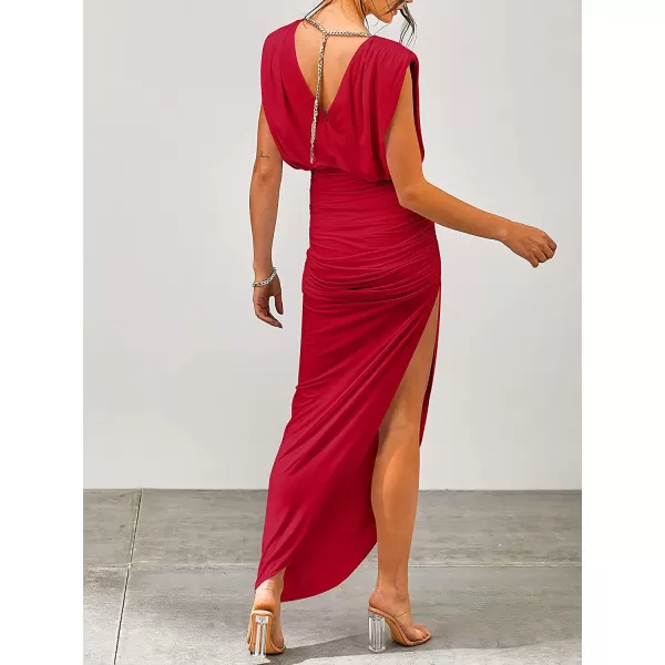 imageANRABESS Women 2023 Summer Sleeveless Ruch Bodycon High Waist Asymmetric Slit Cocktail Maxi DressRed