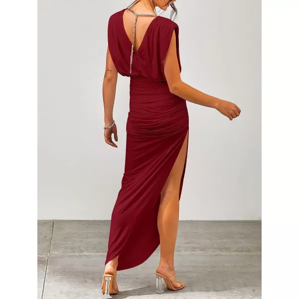 imageANRABESS Women 2023 Summer Sleeveless Ruch Bodycon High Waist Asymmetric Slit Cocktail Maxi DressWine Red