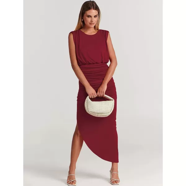 imageANRABESS Women 2023 Summer Sleeveless Ruch Bodycon High Waist Asymmetric Slit Cocktail Maxi DressWine Red