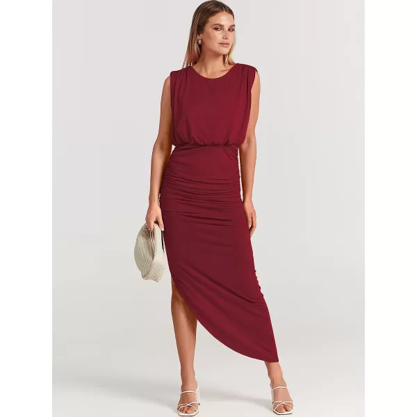 imageANRABESS Women 2023 Summer Sleeveless Ruch Bodycon High Waist Asymmetric Slit Cocktail Maxi DressWine Red
